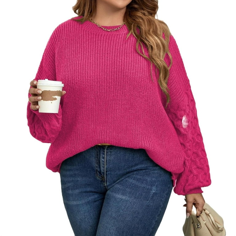 Women s Plus Size Sweaters Round Neck Pullovers Drop Shoulder Sweater Hot Pink 0XL Walmart
