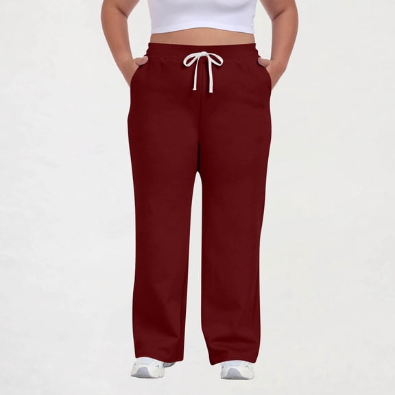 Women's Plus Size Sweatpants Elastic Waist Drawstring Pants Ladies Casual Workout Straight Leg Comfy Trousers Wine 3XL