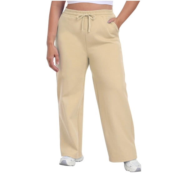 Women's Plus Size Sweatpants Solid Color Drawstring High Waisted Straight Tube Baggy Casual Sweatpants With Pockets (2XL, Khaki)