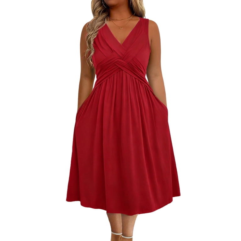 Women's Plus Size Swing Cocktail Dress, Elegant Crossover Front Sleeveless Wedding Guest Party Dresses with Pockets