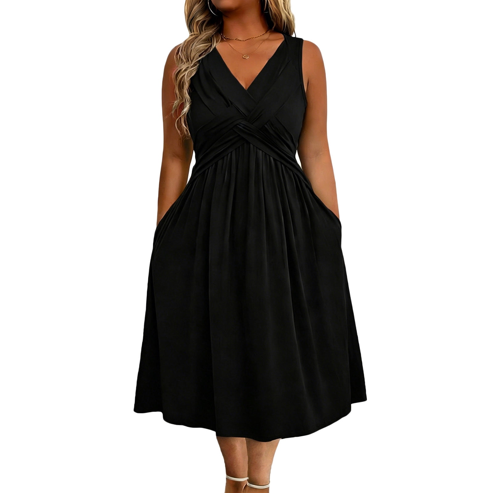 plus size cocktail dress with pockets Women's Plus Size Swing Cocktail Dress, Elegant Crossover Front Sleeveless  Wedding Guest Party Dresses with Pockets