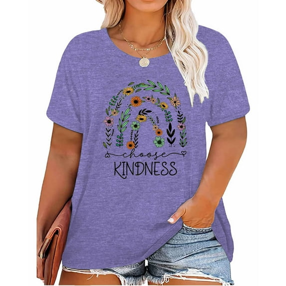 Women's Plus Size T-Shirt Kindness Flowers Printed Summer Casual Cute Short Sleeve Tees Tops