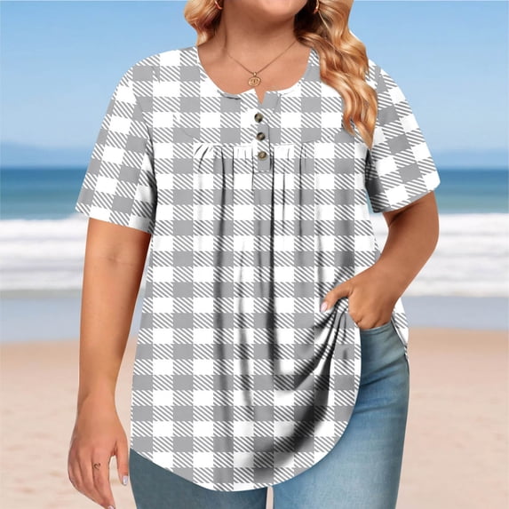 Women's Plus Size T-Shirt, Short Sleeve Pleated Blouse with Buttons and Striped Pattern for Casual Wear