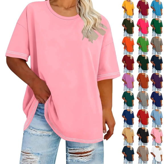 Women's Plus Size T Shirt Summer Tops Round Neck Short Sleeved Spring/Summer Basic Shirt T-Shirt Top Oversized Tees Pink XL
