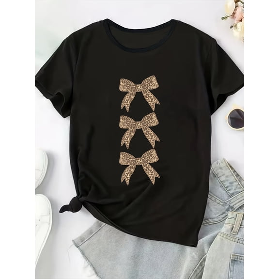Women's Plus Size T-Shirt with Leopard Print Bow, Casual Crew Neck Geometric Pattern Spring/Summer Fashion Top