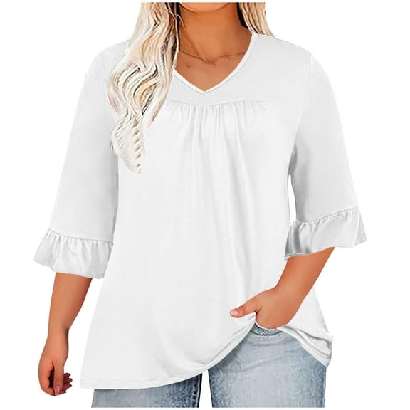 Women's Plus Size T Shirts Loose Fit Casual Loose Pleated Short Sleeve Tunic Tops Summer Crew Neck Solid Color Blouses (White 5XL)