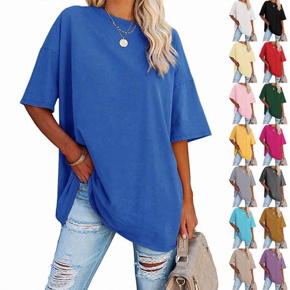 Women's Plus Size T Shirts Oversized Casual Tees Short Sleeves Loose Fit Breathable Solid Color Crew Neck Blouses Fashion Basic Tees