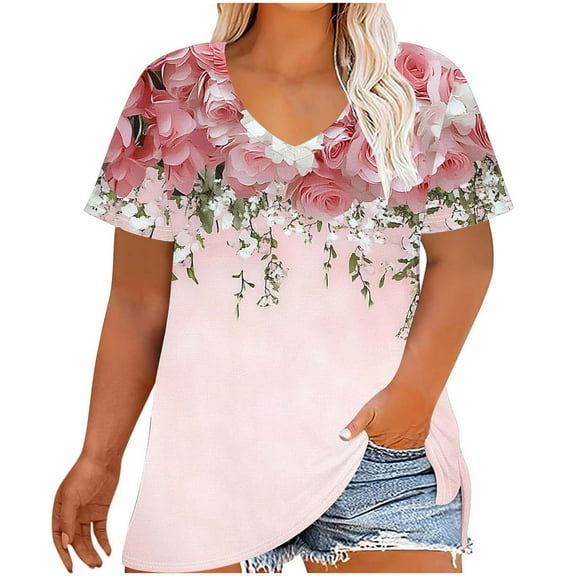 Women's Plus Size T Shirts Short Sleeve Top Flower Graphic Blouses V Neck Tunic Tops Baggy Summer Tee Dressy Casual Shirt Trendy 2025 Lounge Tees With Curved Hem Swing