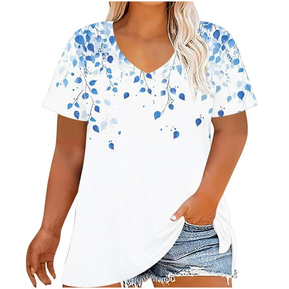 Women's Plus Size T Shirts Short Sleeve Top Flower Graphic Blouses V Neck Tunic Tops Baggy Summer Tee Dressy Casual Shirt Trendy 2025 Lounge Tees With Curved Hem Swing