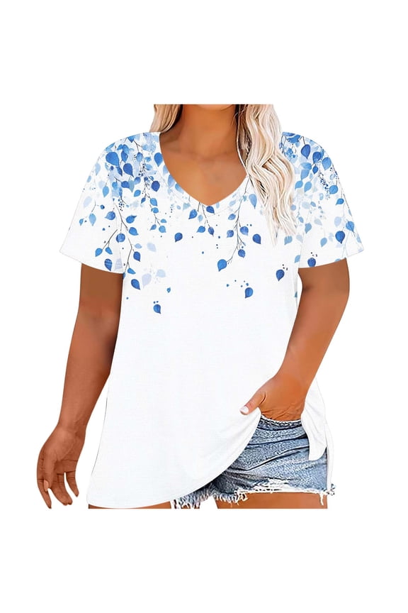 Women's Plus Size T Shirts Short Sleeve Top Flower Graphic Blouses V Neck Tunic Tops Baggy Summer Tee Dressy Casual Shirt Trendy 2025 Lounge Tees With Curved Hem Swing
