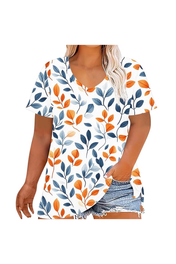 Oversized Tshirt For Womens Tunic Top V-Neck Shirts Stars Floral Printting Blouse Short Sleeve Tee Curved Hem Flowy Tops Dressy Casual Garment Clothes