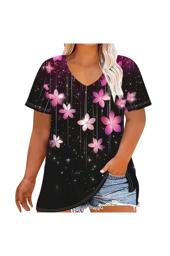 Women's Plus Size T Shirts Short Sleeve Top Flower Graphic Blouses V Neck Tunic Tops Baggy Summer Tee Dressy Casual Shirt Trendy Lounge Tees With Curved Hem Swing