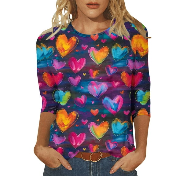 Women's Plus Size T Shirts Valentines Cute Heart Print 3/4 Length Sleeve Crewneck Tees Summer Tops