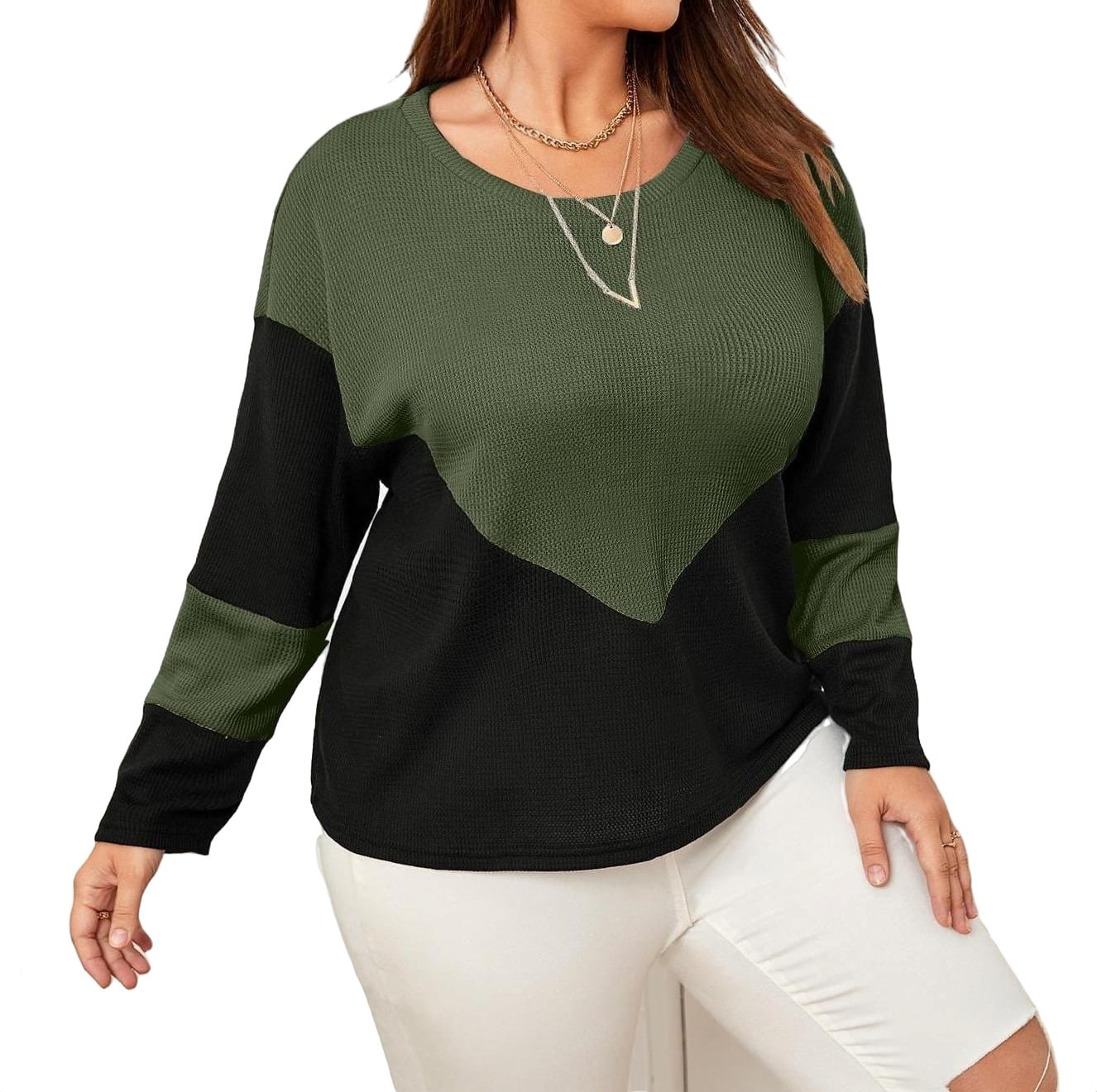Women's Plus Size T-shirts Casual Colorblock Round Neck Army Green 1XL ...