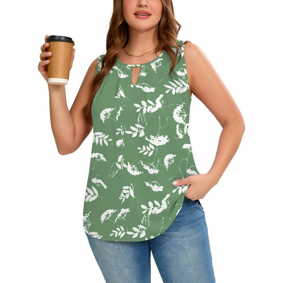 Women's Plus Size Tank Top with Keyhole Neckline Summer Relaxed Fit White Flower Green 3X Chiffon Sleeveless Floral Tops Embellished Front for Casual Outfits