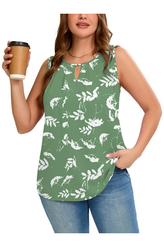 Women's Plus Size Tank Top with Keyhole Neckline Summer Relaxed Fit White Flower Green 3X Chiffon Sleeveless Floral Tops Embellished Front for Casual Outfits