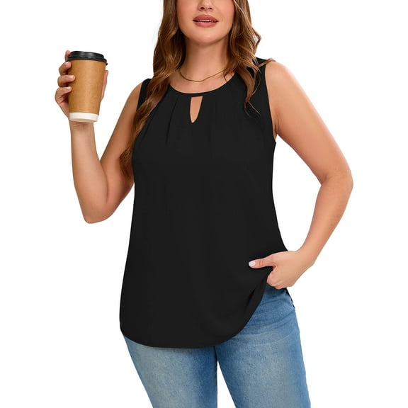 Women's Plus Size Tank Top with Keyhole Neckline Summer Relaxed Fit Black 3X Chiffon Sleeveless Tops Embellished Front for Casual Outfits