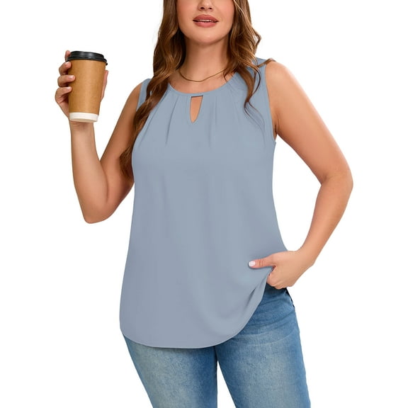 Women's Plus Size Tank Top with Keyhole Neckline Summer Relaxed Fit Blue Gray 3X Chiffon Sleeveless Tops Embellished Front for Casual Outfits