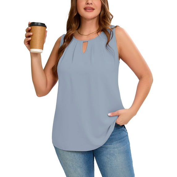 Women's Plus Size Tank Top with Keyhole Neckline Summer Relaxed Fit Blue Gray 3X Chiffon Sleeveless Tops Embellished Front for Casual Outfits