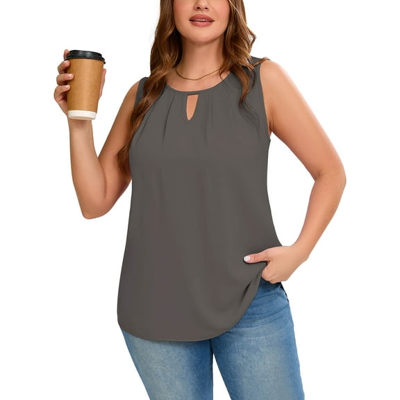 Women's Plus Size Tank Top with Keyhole Neckline Summer Relaxed Fit Gray 3X Chiffon Sleeveless Tops Embellished Front for Casual Outfits