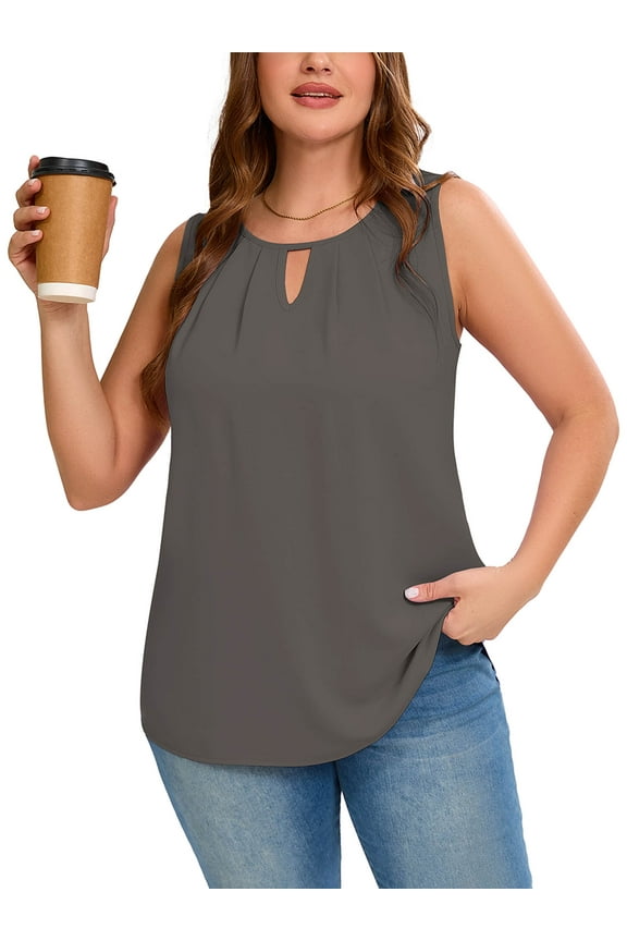 Women's Plus Size Tank Top with Keyhole Neckline Summer Relaxed Fit Gray 3X Chiffon Sleeveless Tops Embellished Front for Casual Outfits