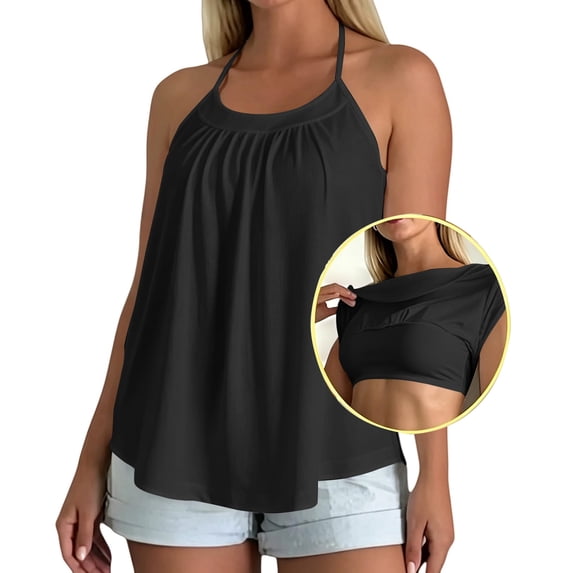 Women's Plus Size Tank Tops with Built In Bras Halter Neck Pleated Spaghetti Strap Tanks Camisole Sleeveless Racerback Cami Tanks Shirts Comfy Lightweight Loose Fit Flowy Casual Undershirts,Black S