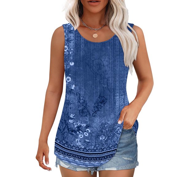 Women's Plus Size Tank Tops Casual Floral Print Crew Neck Pleated Sleeveless Tunic Shirts Summer Loose Tops (M, Blue)