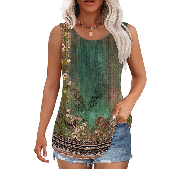Women's Plus Size Tank Tops Casual Floral Print Crew Neck Pleated Sleeveless Tunic Shirts Summer Loose Tops (XL, Green)