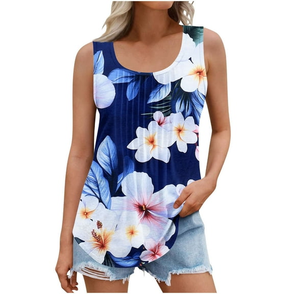 Women's Plus Size Tank Tops Casual Loose Floral Print Crew Neck Pleated Sleeveless Shirts Summer Tunic Tops (XL, Multicolor 1)