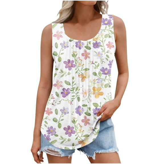 Women's Plus Size Tank Tops Floral Print Crew Neck Pleated Sleeveless Shirts Summer Casual Loose Tunic Tops (4XL, Multicolor 2)