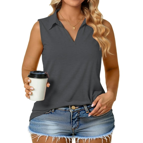 Women's Plus Size Tank Tops Lightweight Tunics Comfy Collared V Neck Sleeveless Dark Grey 3Xl