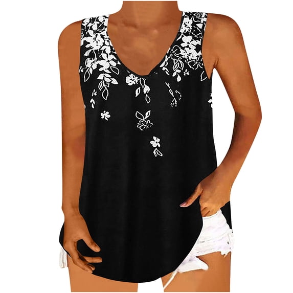 Women's Plus Size Tank Tops Loose Fit Floral Print Sleeveless Tanks V Neck Summer Casual Flowy Blouses Tees (2XL, Black)