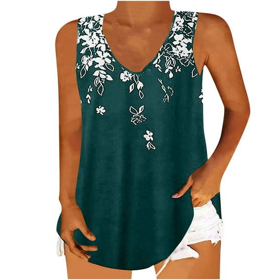 Women's Plus Size Tank Tops Loose Fit Floral Print Sleeveless Tanks V Neck Summer Casual Flowy Blouses Tees (3XL, Green)