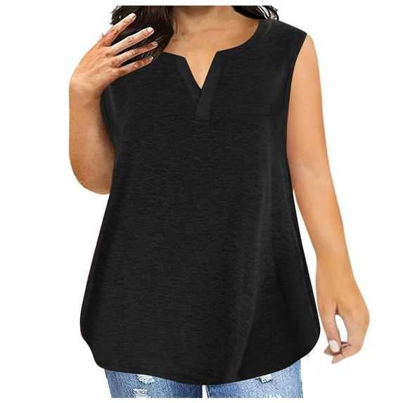 Women's Plus Size Tank Tops Sleeveless Crew Neck Casual T Shirts Cotton Blend Solid Basic Tees with Front Pocket Black,XXXXL
