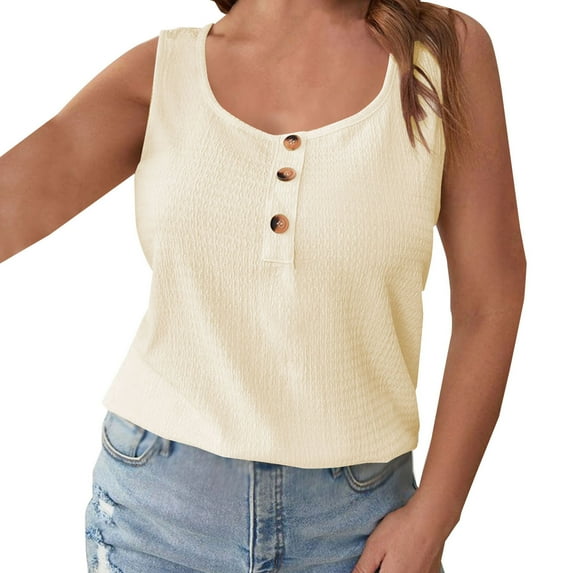 Women's Plus Size Tank Tops Sleeveless V Neck Buttons Tees Casual Plain T Shirt Solid Color Summer 2024 Beige,XXXL