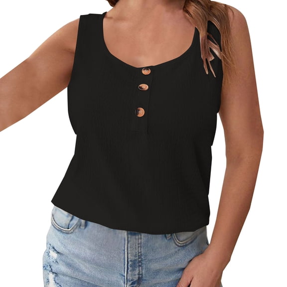 Women's Plus Size Tank Tops Sleeveless V Neck Buttons Tees Casual Plain T Shirt Solid Color Summer 2025 Black,L