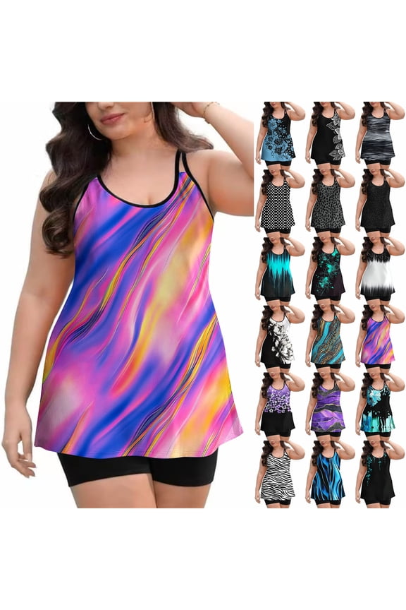 Women's Plus Size Tankini Set Striped Tropical Print Tops and Shorts Bikini Bathing Suits 2 Piece Swimsuit