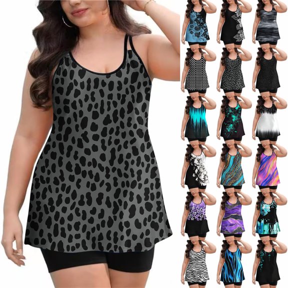 Women's Plus Size Tankini Set Striped Tropical Print Tops and Shorts Bikini Bathing Suits 2 Piece Swimsuit