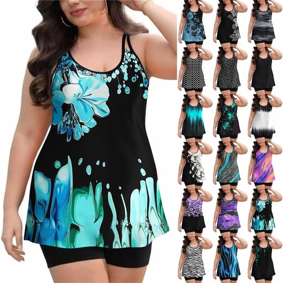 Women's Plus Size Tankini Set Striped Tropical Print Tops and Shorts Bikini Bathing Suits 2 Piece Swimsuit