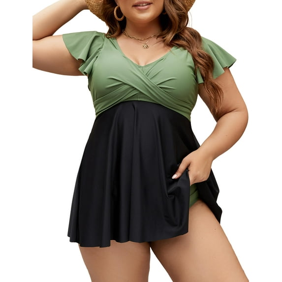 Women's Plus Size Tankini Swimsuits Swim Dress Tummy Control Bathing Suits Two Piece Full Coverage High Waisted Modest Curvy Swimwear 2025(Army Green and Black,2XL)
