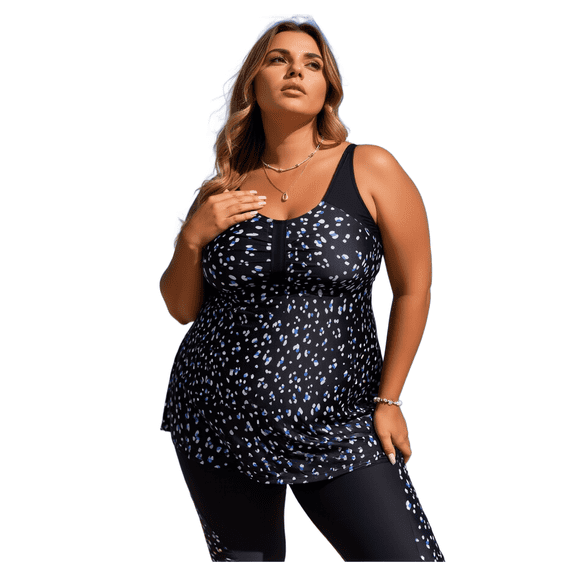 Women's Plus Size Two Piece Tankini Swimsuit Flowy Rash Guard with Capris Shorts for Beach Pool