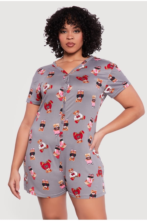 Women's Plus Size Teddy Bear Print Pajama Romper