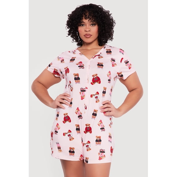 Women's Plus Size Teddy Bear Print Pajama Romper