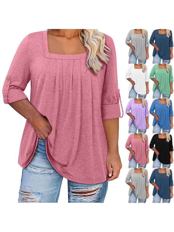 Women's Plus Size Tee, Square Neck Three Quarter Sleeve Top with Chest Pleats, Cozy Layering Top for Indoor and Outdoor | TruHer,Navy 4XL