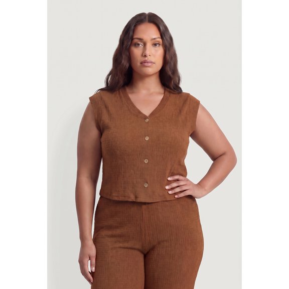 Women's Plus Size Textured Knit Button Detail Top