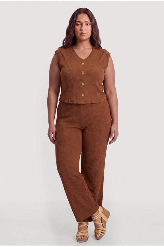 Women's Plus Size Textured Knit High Waisted Pull On Pants