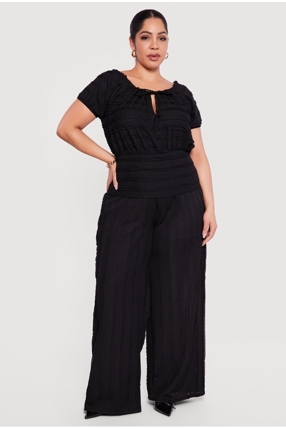 Women's Plus Size Textured Knit High Waisted Pull On Wide Leg Pants