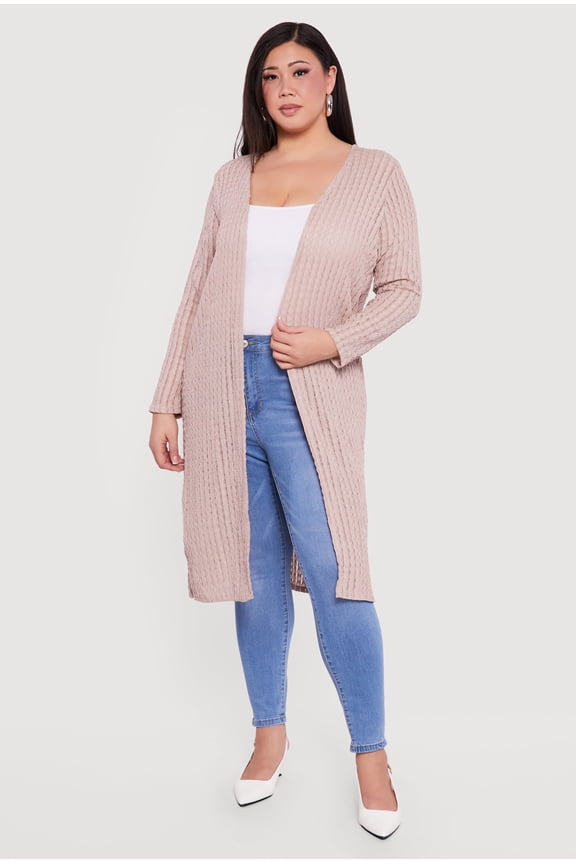 Women's Plus Size Textured Knit Long Sleeve Open Front Duster