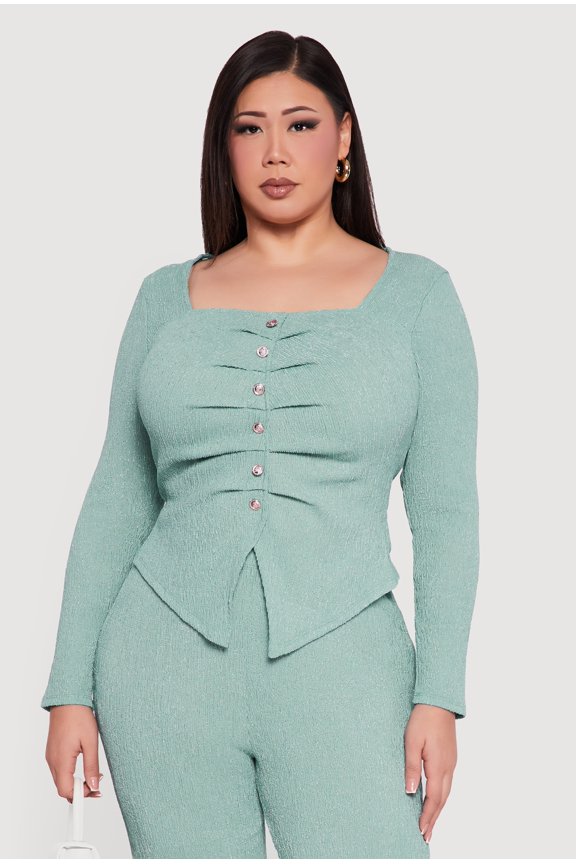 Women's Plus Size Textured Knit Ruched Square Neck Blouse