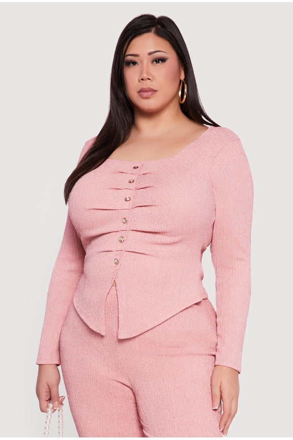 Women's Plus Size Textured Knit Ruched Square Neck Blouse